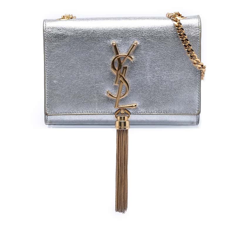 Saint Laurent Small Metallic Calfskin Monogram Kate Tassel Crossbody Silver Leather Very good condition - Front View