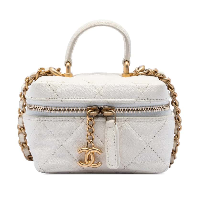 Chanel Mini Caviar Chain Zip Around Vanity Case White Leather Very good condition - Front View