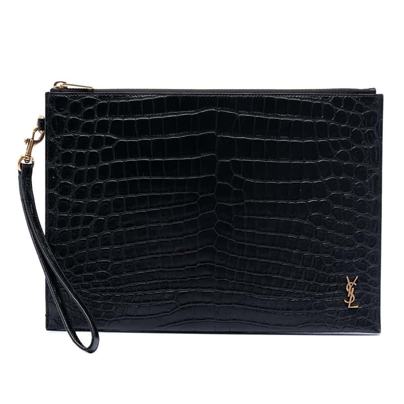 Saint Laurent Croc Embossed Leather Tiny Monogram Zipped Tablet Holder Black Leather Very good condition - Front View