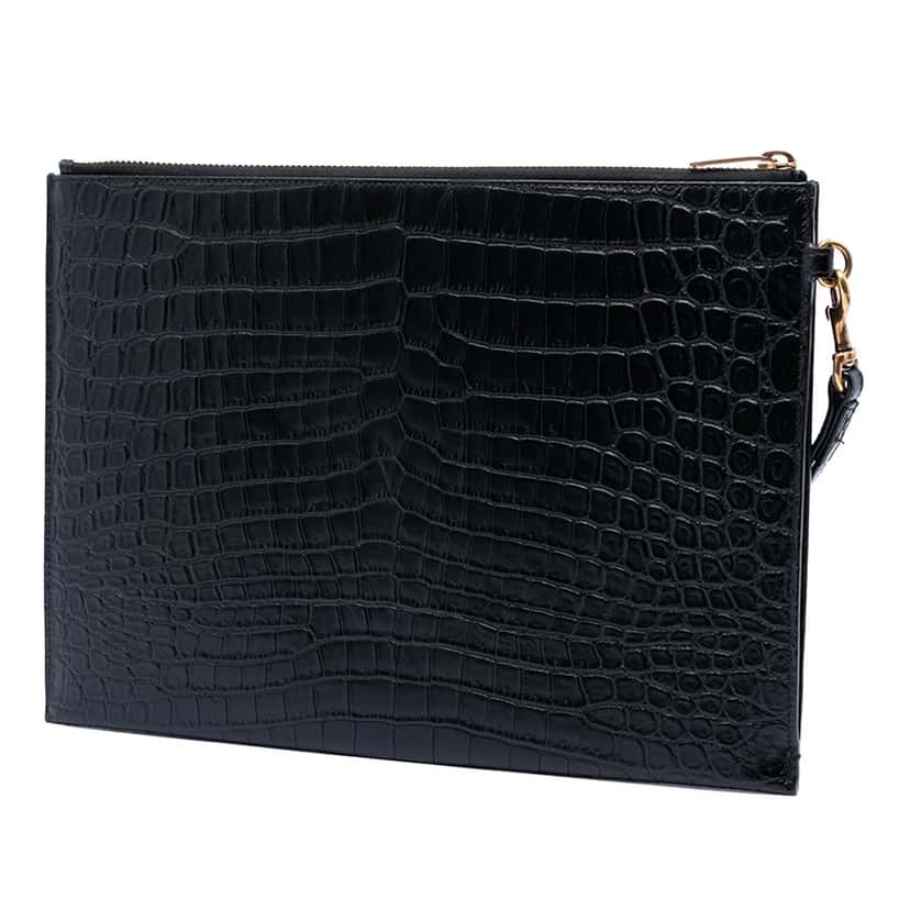 Saint Laurent Croc Embossed Leather Tiny Monogram Zipped Tablet Holder Black Leather Very good condition - Back View