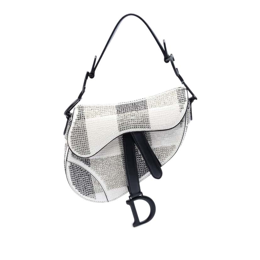 Dior Mini Sequin and Beads Embellished Calfskin Saddle Bag White Leather Very good condition - Front View