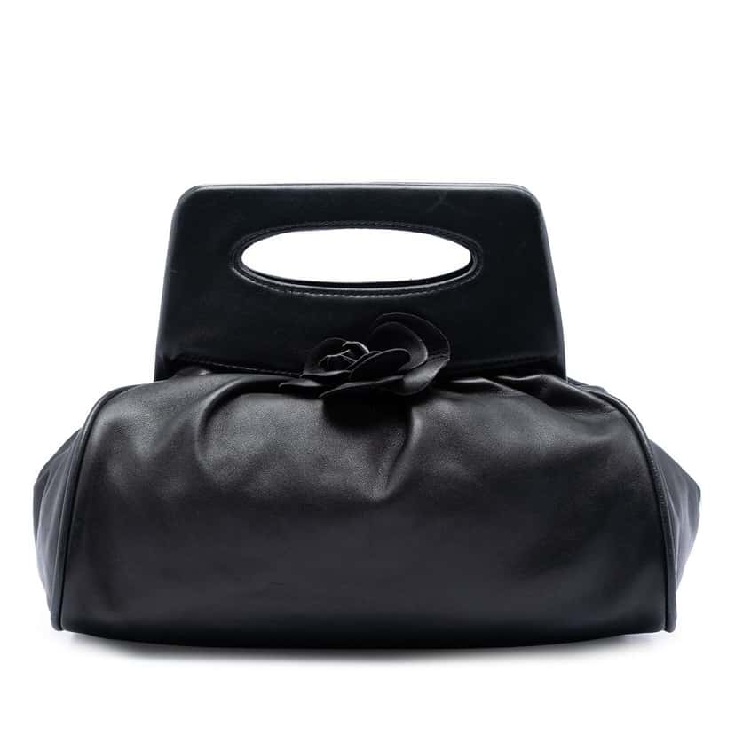Chanel Lambskin Camellia Top Handle Frame Bag Black Leather Very good condition - Front View