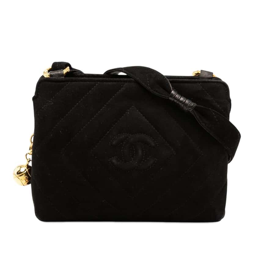 Chanel CC Diamond Quilted Suede Crossbody Black Leather Very good condition - Front View