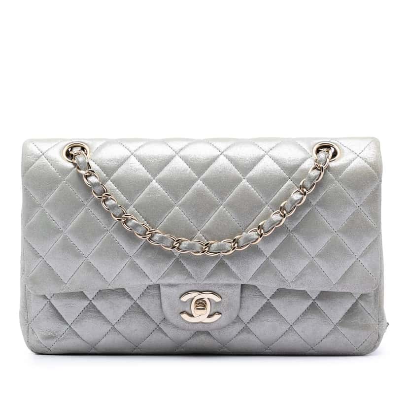 Chanel Medium Classic Iridescent Lambskin Double Flap Silver Leather Very good condition - Front View