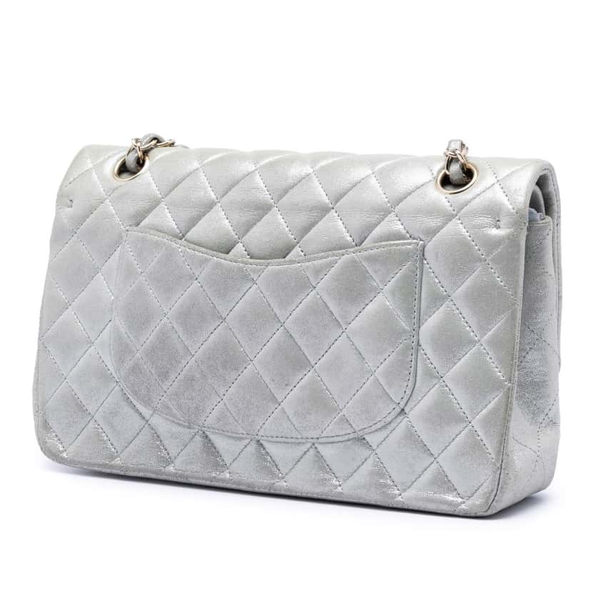 Chanel Medium Classic Iridescent Lambskin Double Flap Silver Leather Very good condition - Back View