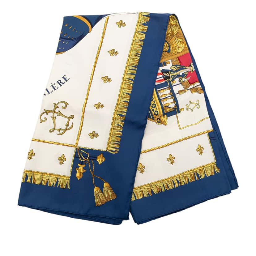 Hermès Vue Du Carrosse De La Galere La Reale Silk Scarf 90 White Very good condition - Front View