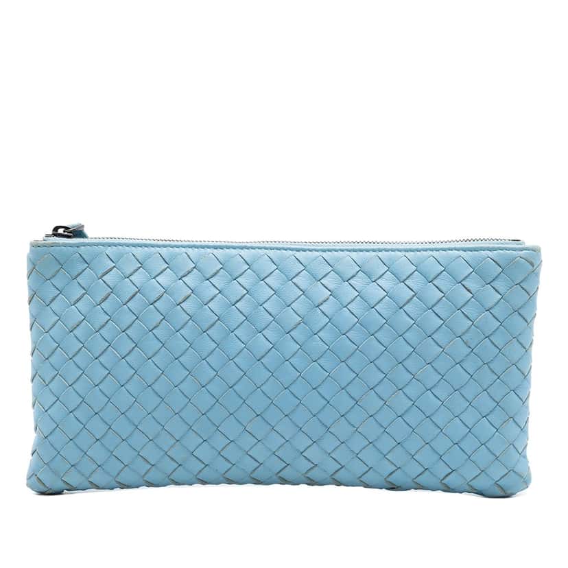 Bottega Veneta Small Nappa Intrecciato Zip Pouch Blue Leather Very good condition - Front View