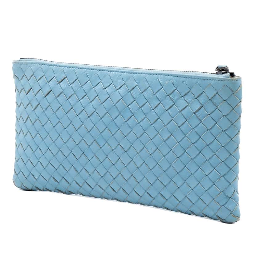 Bottega Veneta Small Nappa Intrecciato Zip Pouch Blue Leather Very good condition - Back View