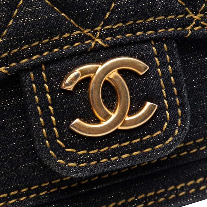 Chanel Mini Quilted Denim Double You Card Holder with Chain Blue Very good condition - Box View