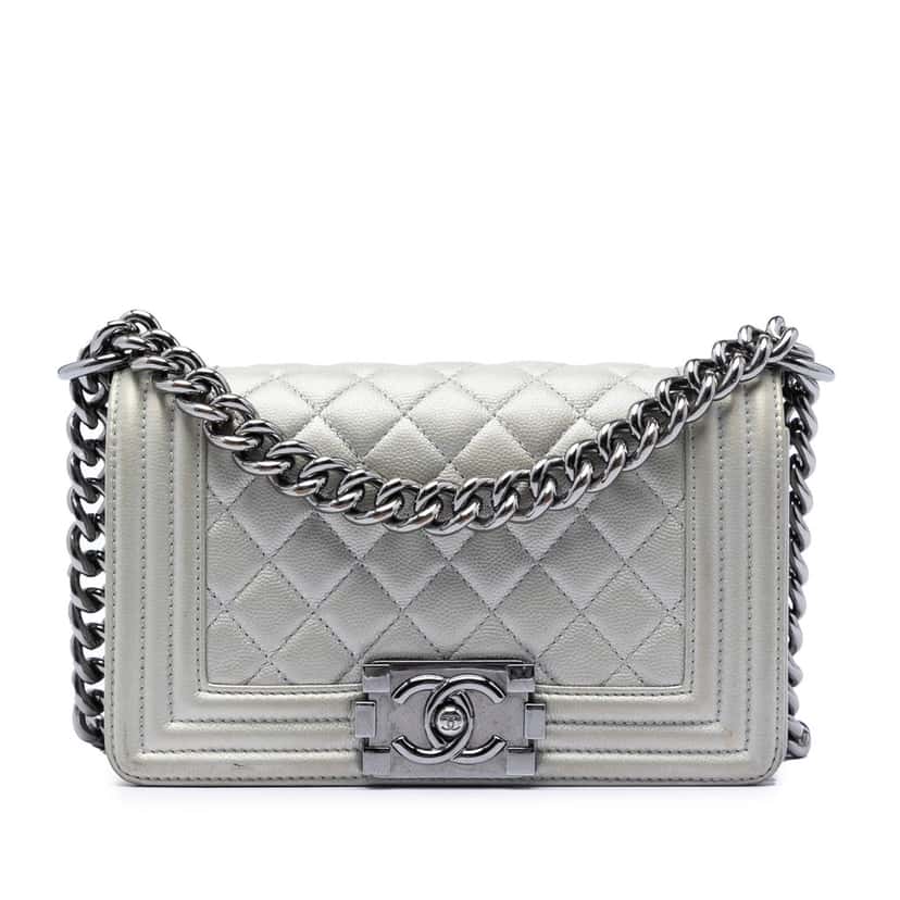 Chanel Small Quilted Metallic Caviar Boy Flap Silver Leather Very good condition - Front View