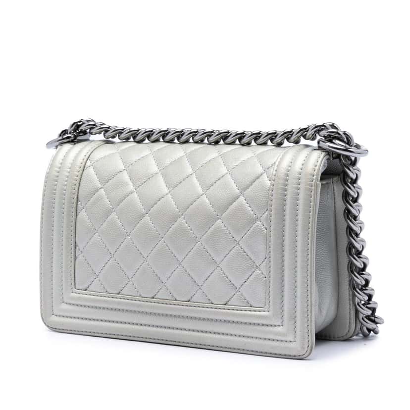 Chanel Small Quilted Metallic Caviar Boy Flap Silver Leather Very good condition - Back View