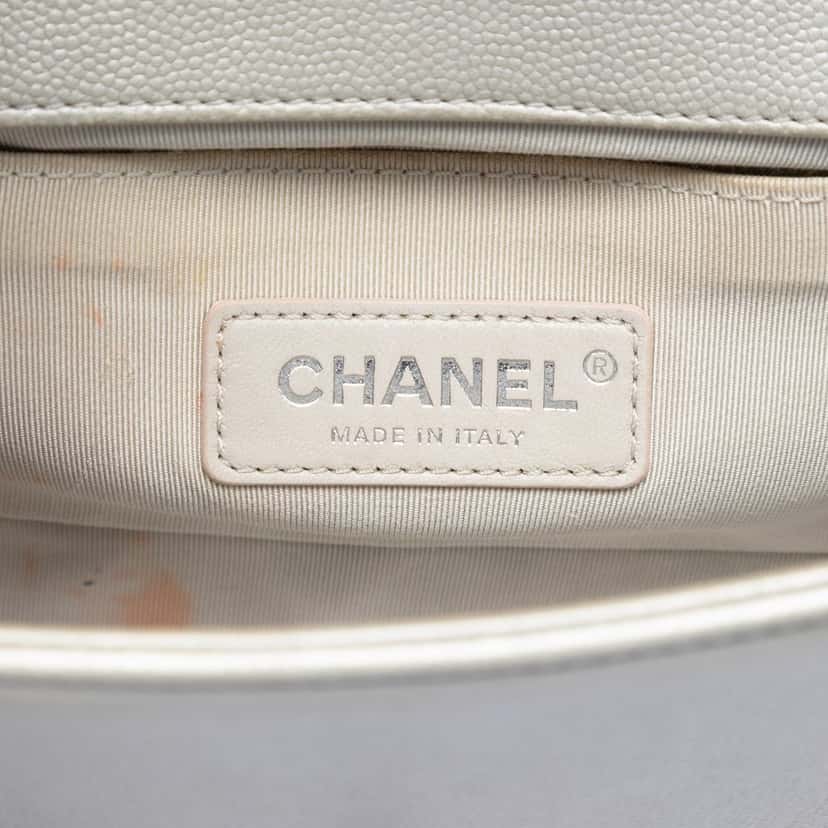 Chanel Small Quilted Metallic Caviar Boy Flap Silver Leather Very good condition - Box View