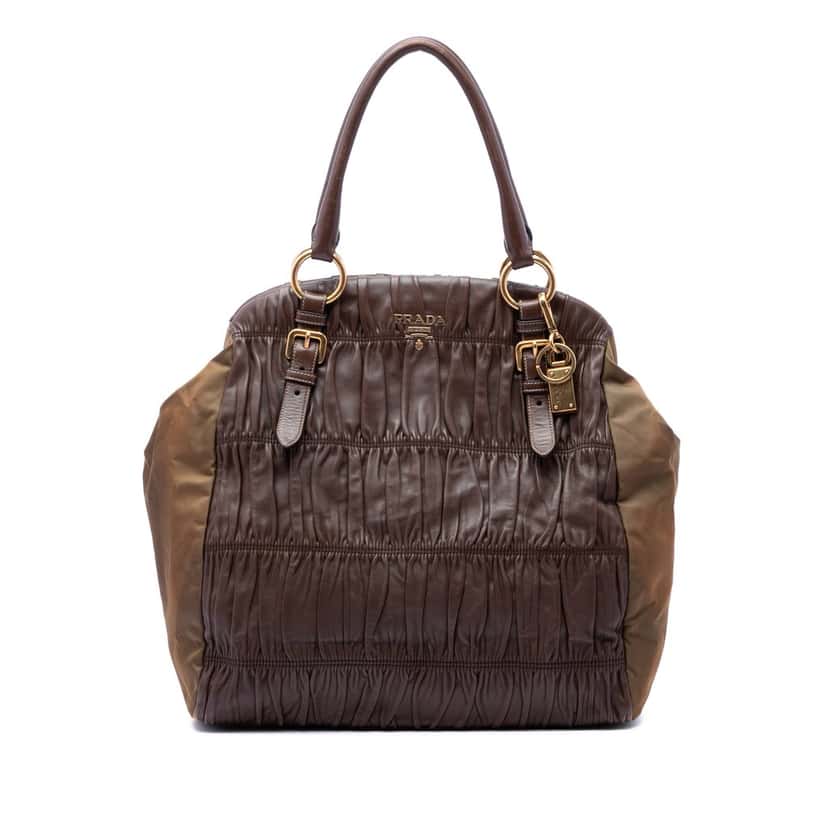 Prada Nappa Gaufre and Tessuto Tote Brown Leather Very good condition - Front View