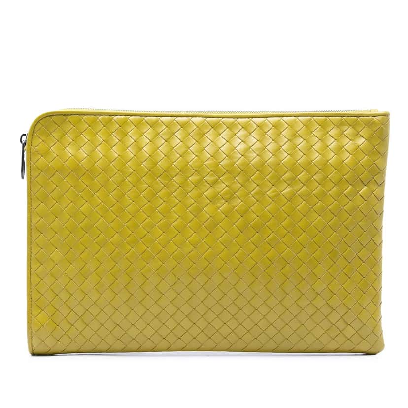 Bottega Veneta Large Nappa Intrecciato Zip Pouch Yellow Leather Very good condition - Front View