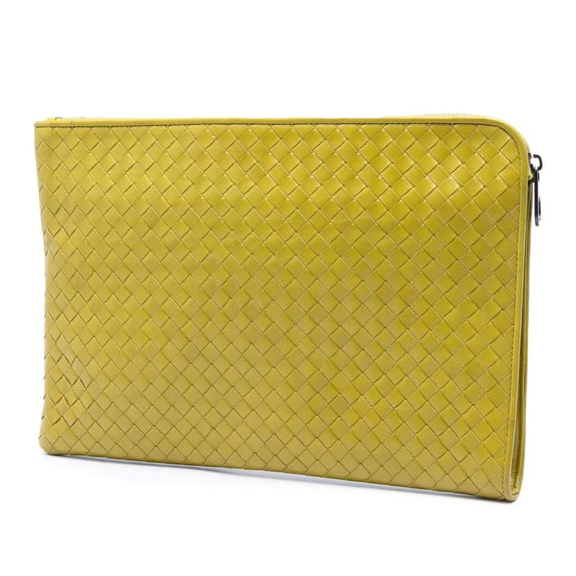 Bottega Veneta Large Nappa Intrecciato Zip Pouch Yellow Leather Very good condition - Back View