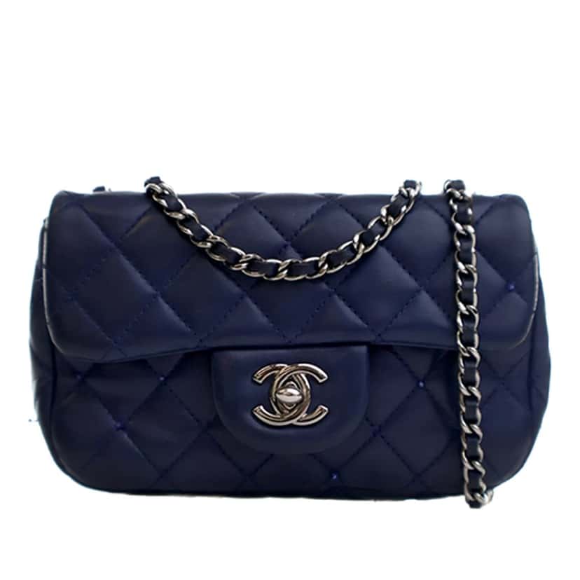 Chanel Mini Rectangular Classic Lambskin Crystal Single Flap Blue Leather Very good condition - Front View