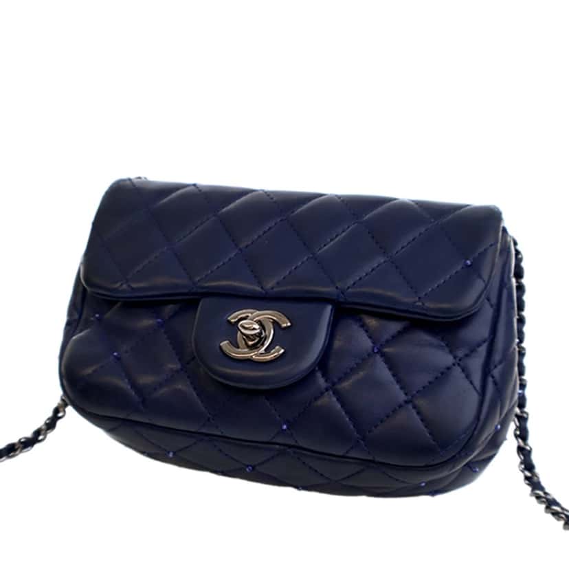Chanel Mini Rectangular Classic Lambskin Crystal Single Flap Blue Leather Very good condition - Back View
