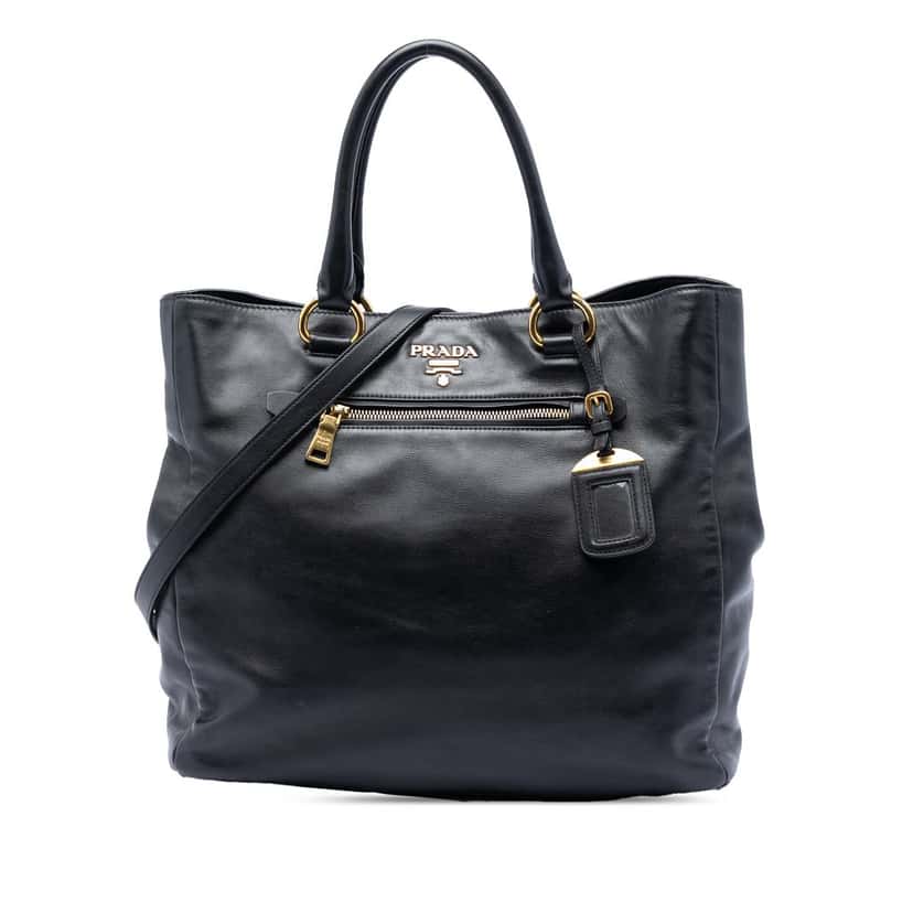 Prada Soft Calfskin Convertible Shopping Tote Black Leather Very good condition - Front View
