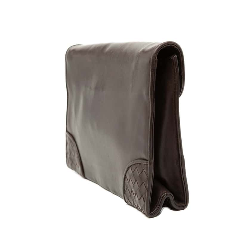 Bottega Veneta Intrecciato Trimmed Leather Clutch Brown Leather Very good condition - Back View
