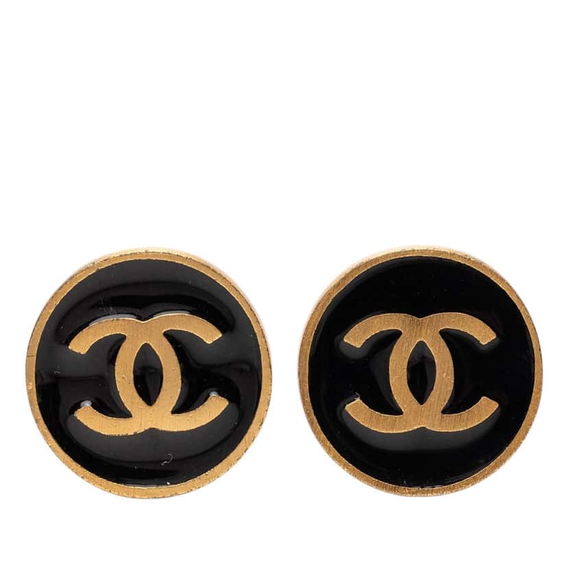 Chanel CC Gold Plated and Enamel Button Clip On Earrings Black Very good condition - Front View