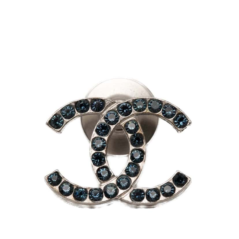 Chanel CC Brass and Strass Pin Brooch Silver Metal Very good condition - Front View