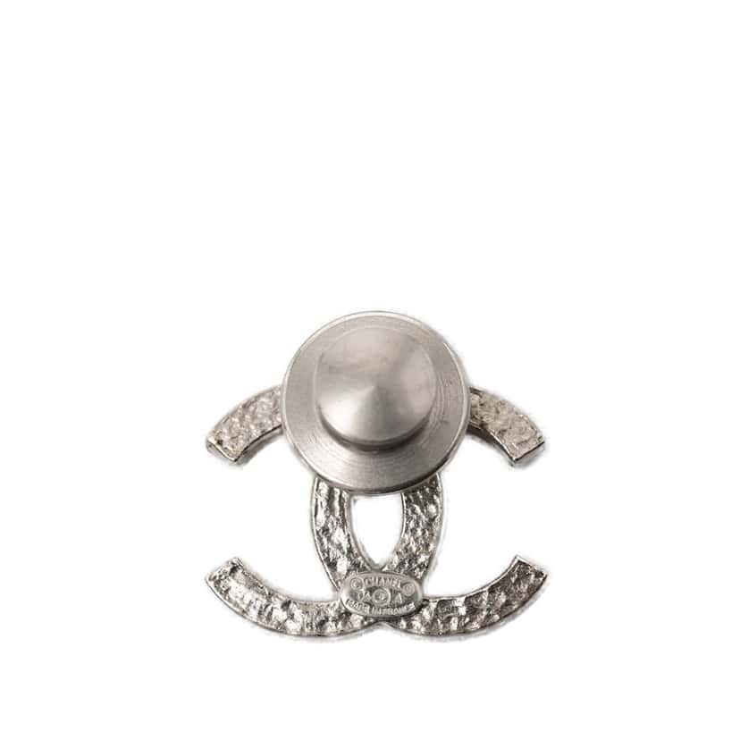 Chanel CC Brass and Strass Pin Brooch Silver Metal Very good condition - Back View
