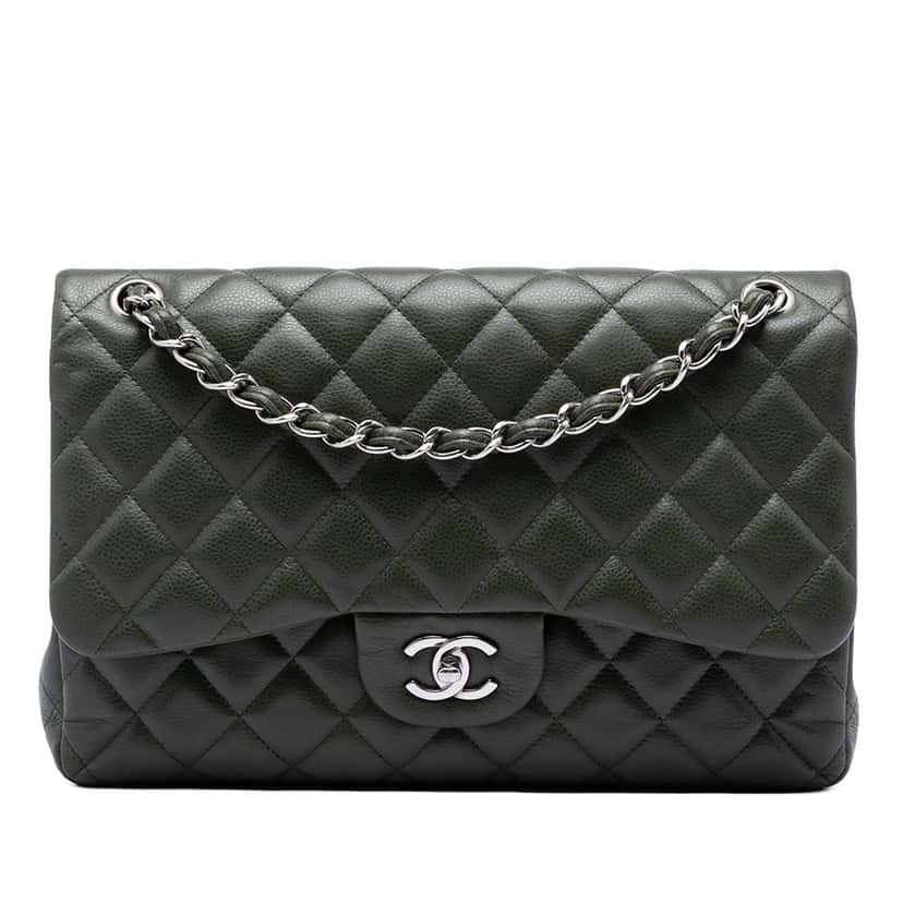 Chanel Jumbo Classic Caviar Double Flap Green Leather Very good condition - Front View