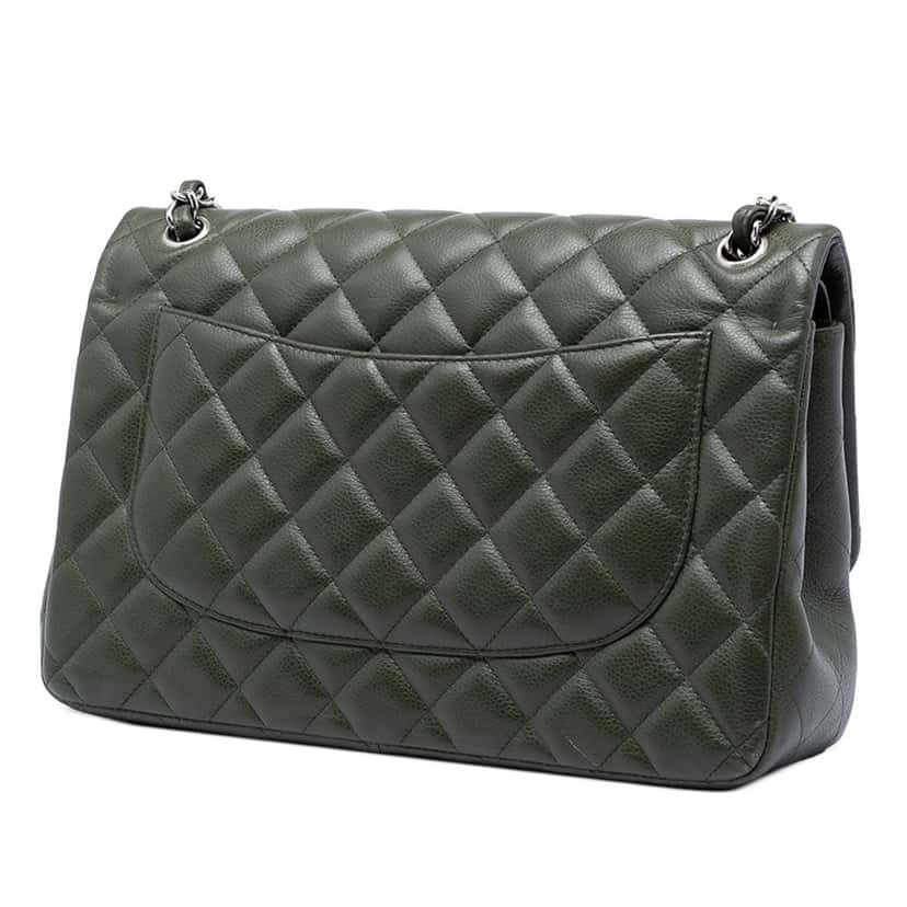 Chanel Jumbo Classic Caviar Double Flap Green Leather Very good condition - Back View