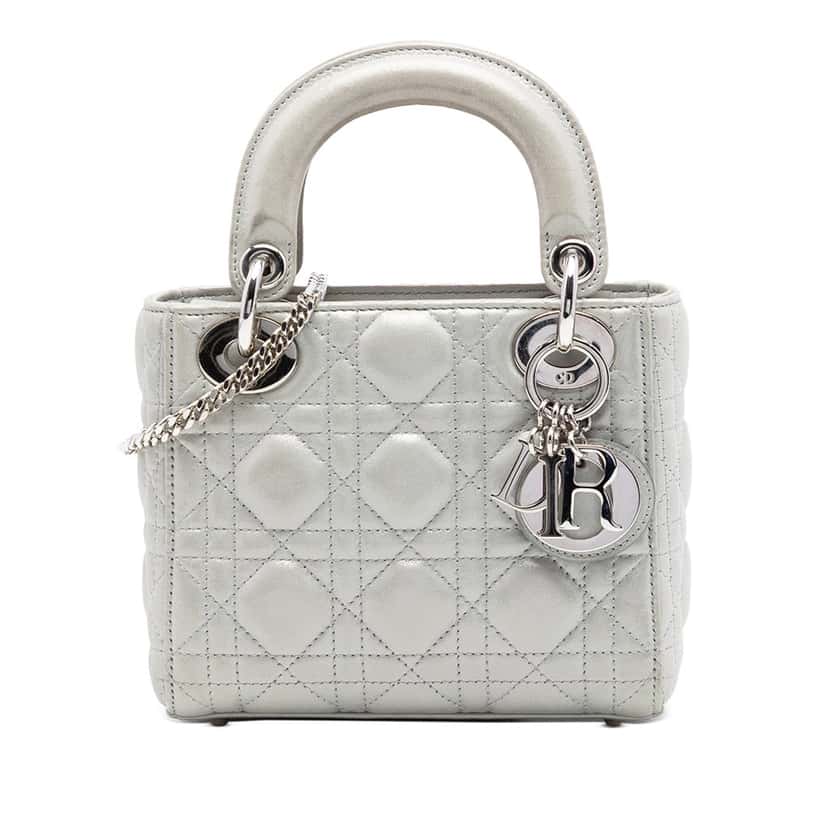 Dior Mini Iridescent Lambskin Cannage Lady Dior Silver Leather Very good condition - Front View