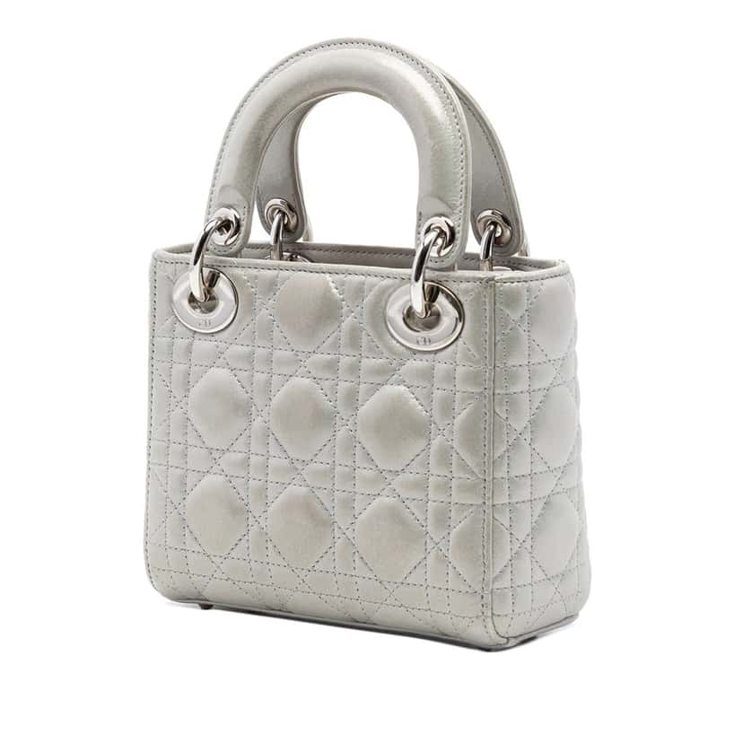Dior Mini Iridescent Lambskin Cannage Lady Dior Silver Leather Very good condition - Back View