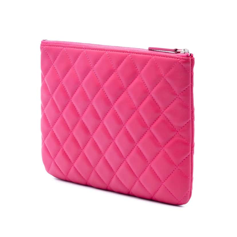 Chanel Small Quilted Lambskin O Case Clutch Pink Leather Very good condition - Back View