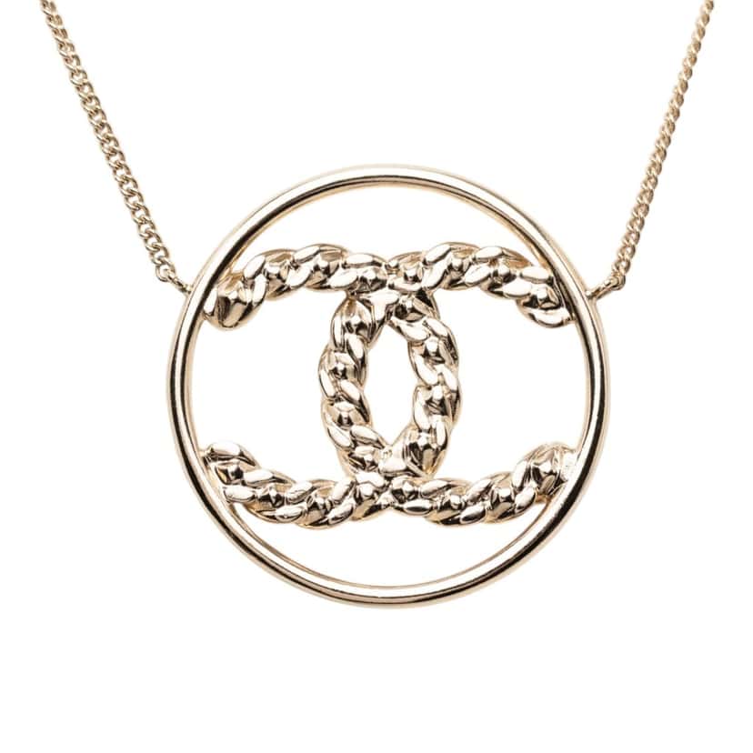 Chanel CC Gold Plated Strass Round Pendant Necklace Gold Metal Very good condition - Back View