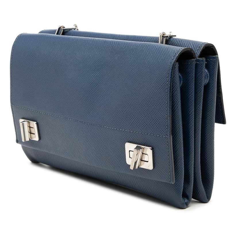 Prada Saffiano Leather Double Turnlock Crossbody Blue Leather Very good condition - Back View