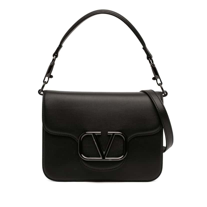 Valentino Calfskin Logo Flap Satchel Black Leather Very good condition - Front View