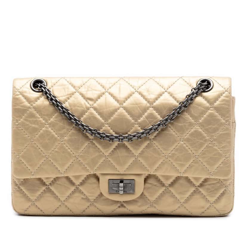Chanel Quilted Metallic Aged Calfskin Reissue 2.55 Double Flap 226 Gold Leather Very good condition - Front View