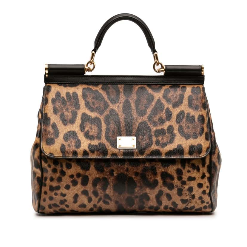 Dolce & Gabbana Large Leopard Print Calfskin Miss Sicily Satchel Brown Leather Very good condition - Front View