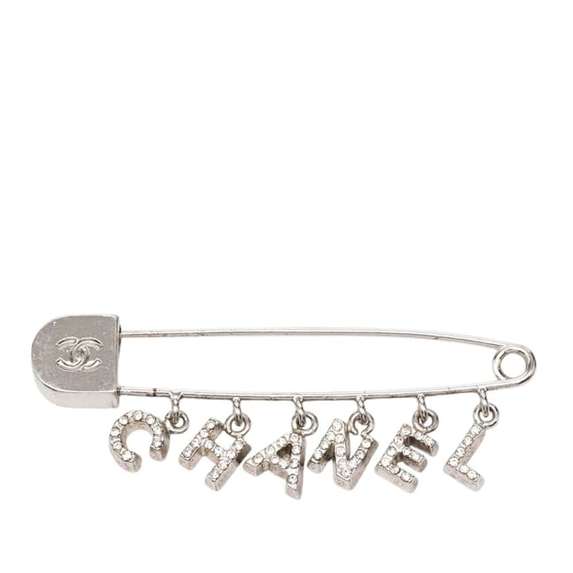 Chanel Brass and Strass Logo Letter Safety Pin Brooch Silver Metal Very good condition - Front View