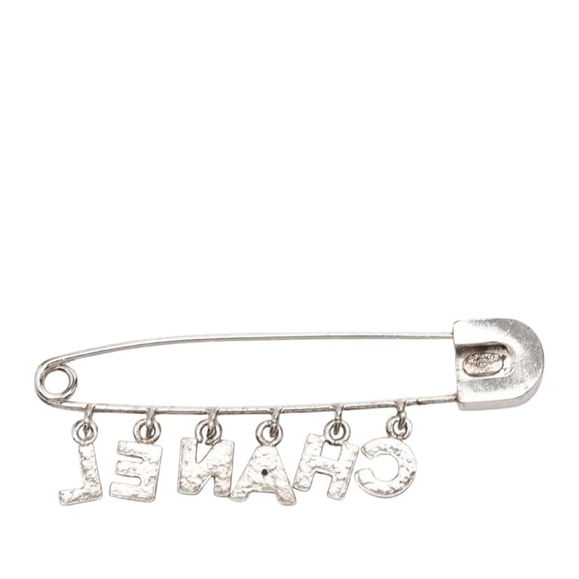 Chanel Brass and Strass Logo Letter Safety Pin Brooch Silver Metal Very good condition - Back View