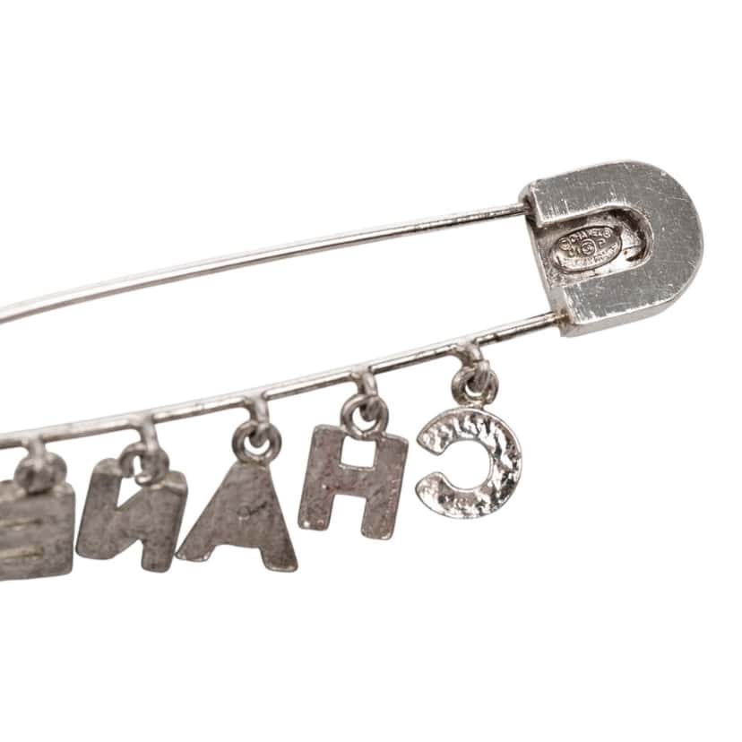 Chanel Brass and Strass Logo Letter Safety Pin Brooch Silver Metal Very good condition - Inside View