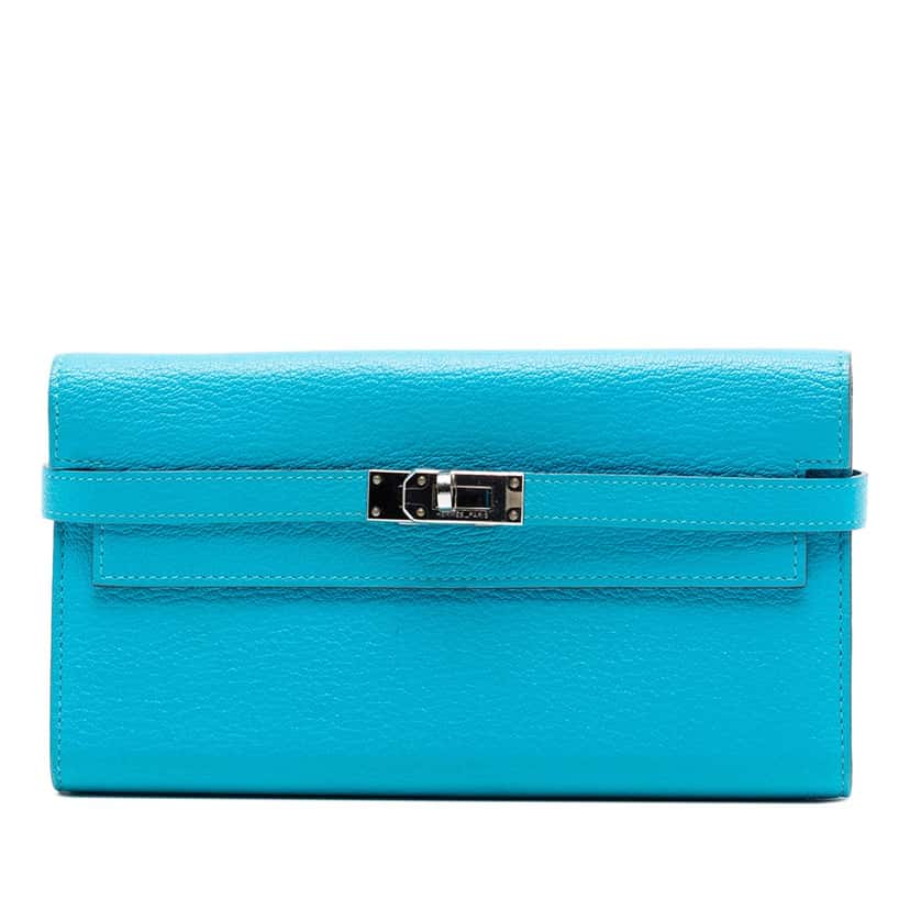 Hermès Chevre Mysore Kelly Longue Wallet Blue Leather Very good condition - Front View