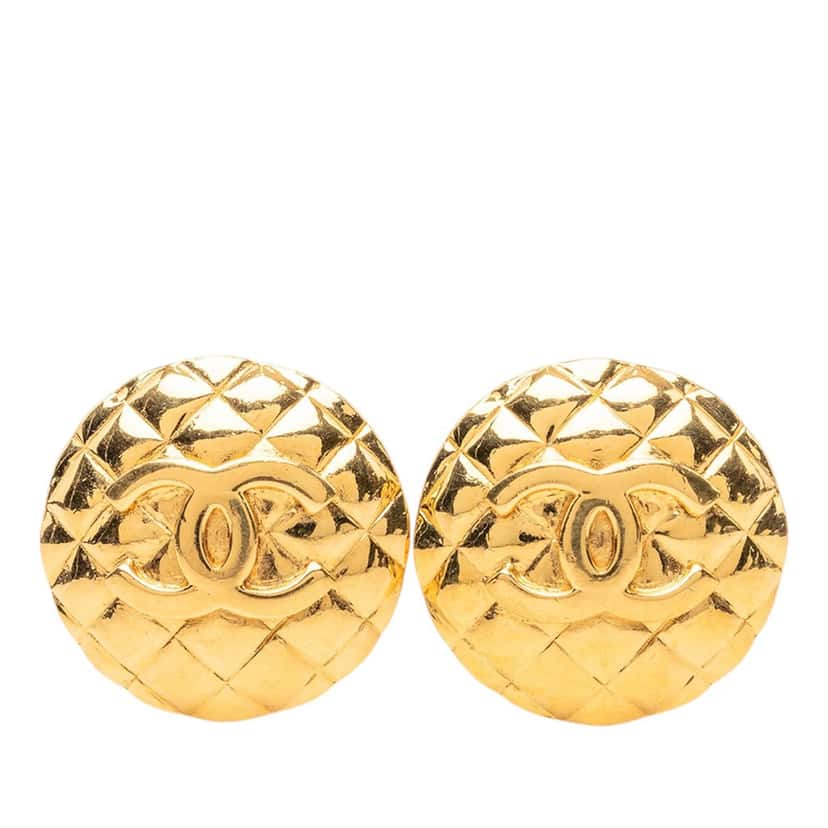 Chanel CC Quilted Gold Plated Round Clip On Earrings Gold Metal Very good condition - Front View