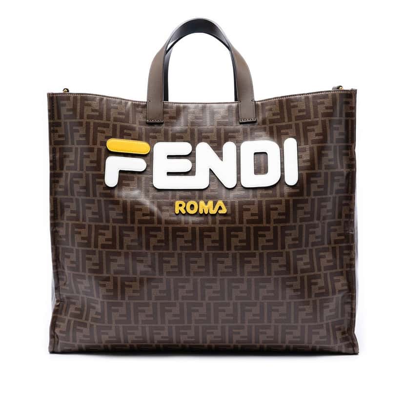 Fendi Fila Zucca Coated Canvas Logo Mania Shopper Tote Brown Very good condition - Front View