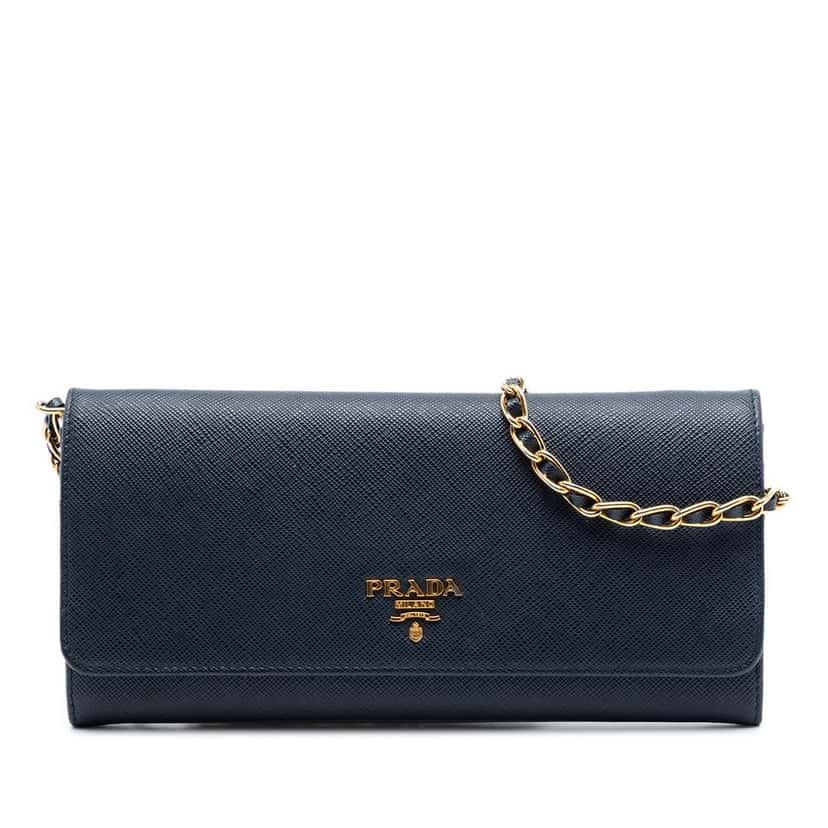 Prada Saffiano Wallet On Chain Blue Leather Very good condition - Front View