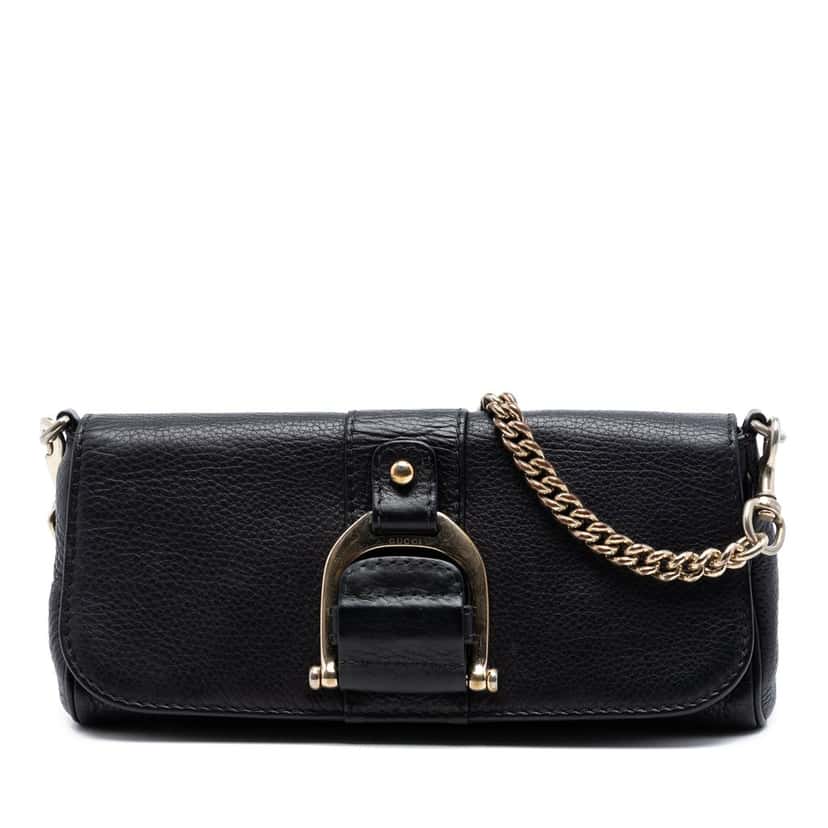 Gucci Pebbled Leather Greenwich Clutch with Chain Black Leather Very good condition - Front View