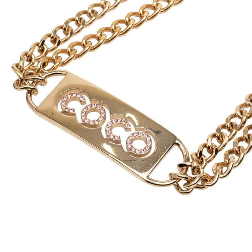 Chanel Gold Plated Strass Coco Plaque Double Chain Belt Gold Metal Very good condition - Front View