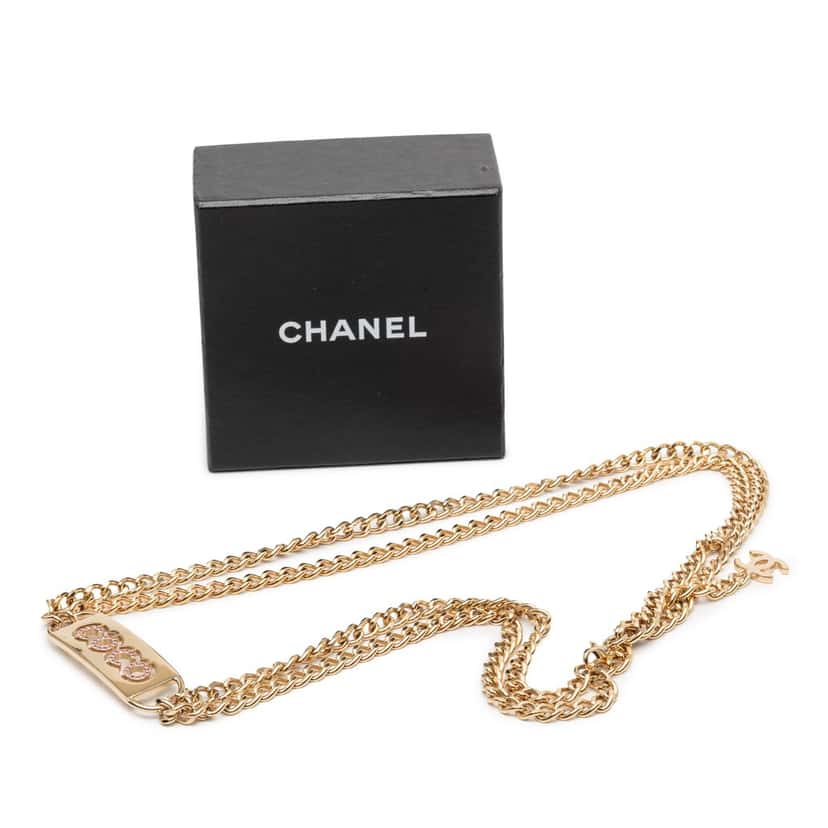 Chanel Gold Plated Strass Coco Plaque Double Chain Belt Gold Metal Very good condition - Box View