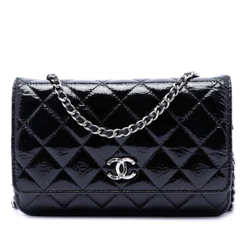 Chanel CC Quilted Shiny Aged Calfskin Wallet On Chain Black Leather Very good condition - Front View