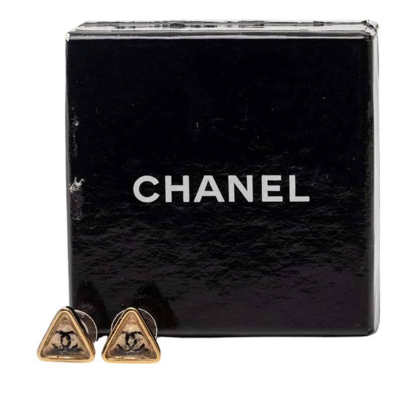 Chanel CC Gold Plated Gripoix Triangle Push Back Earrings Gold Metal Very good condition - Model View