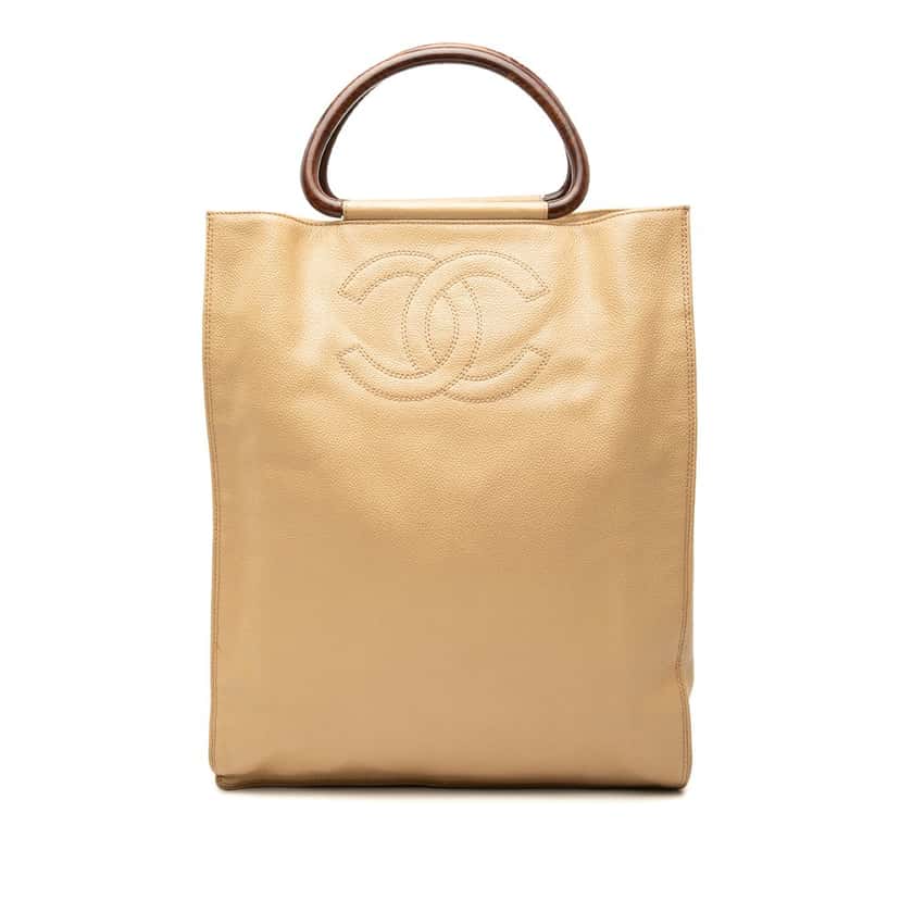 Chanel CC Caviar Wood Top Handle Tote Bag Beige Leather Very good condition - Front View