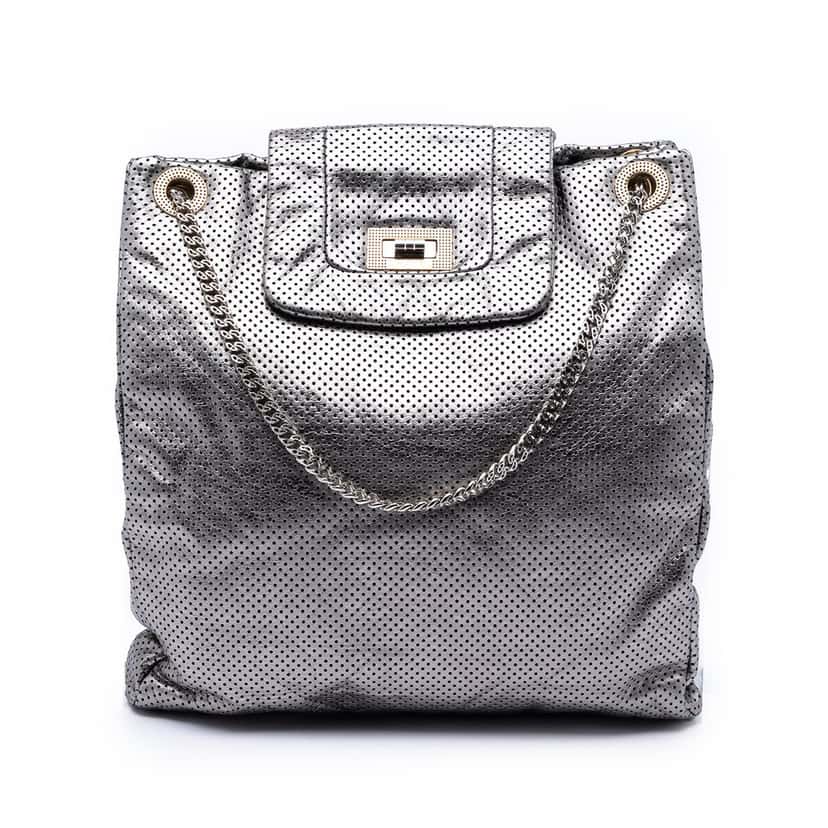 Chanel Perforated Crackled Metallic Calfskin Drill Tote Silver Leather Very good condition - Front View